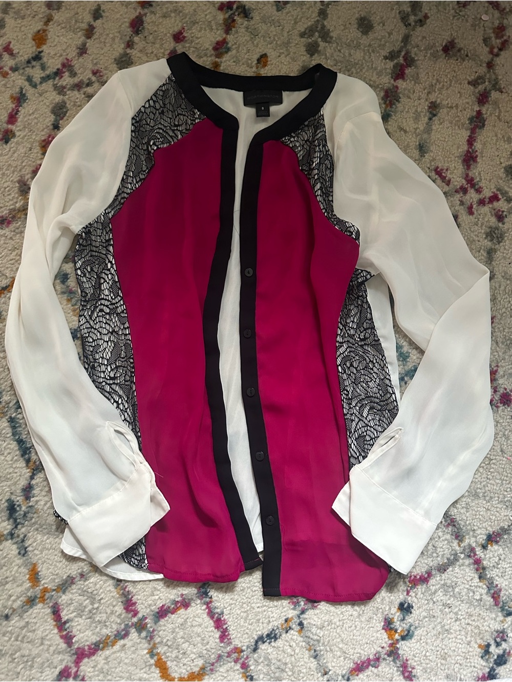 Worthington Two-Tone Lace-Trim Button Front Blouse - Magenta, White, Black